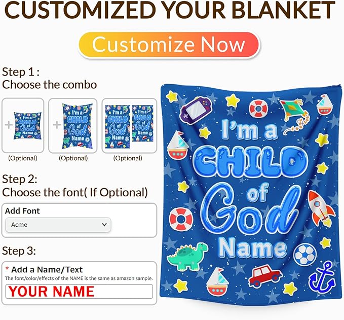 Personalized Blanket for Boys, Christian Throw Blanket Gifts for Kids Teens, 50"x60" Blue Cute Custom Flannel Blankets for Boys Age 8-10 Lightweight Throws for Couch Sofa Bed Decor, Christian Gift