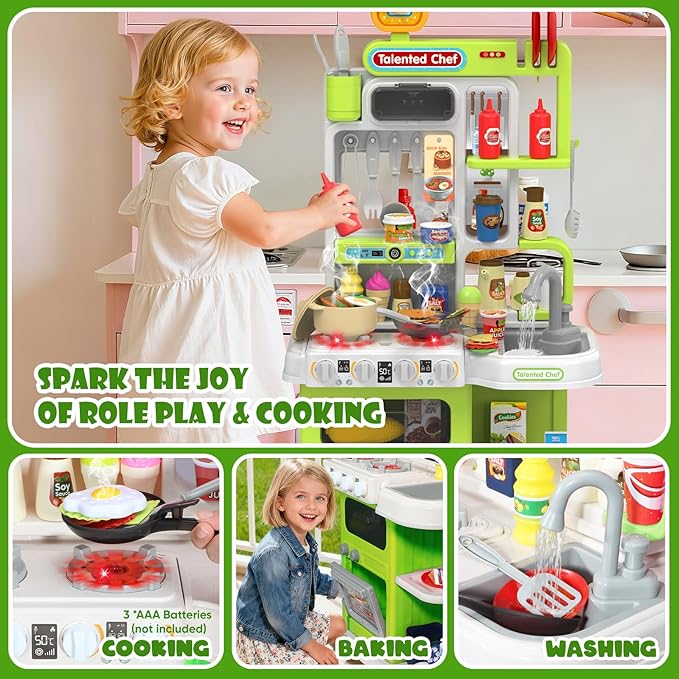 Kids Kitchen Playset, 36.22'' Play Kitchen for Toddlers 1-3 with Steam, Sound & Light, Cooking Stove, Play Sink, Oven and Toy Kitchen Accessories, Kitchen Set for Boys Girls 3 4 5 (Green)