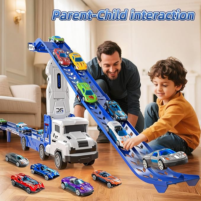 Transport Truck Toys for 3 4 5 6 7 Years Old Boys,Toys Cars Track Set Transporter Trucks with 12 Die-Cast Car Toys 2 Race catapults Dual-Track Model,Toddler Car Toy Set for Kids Boys Girls