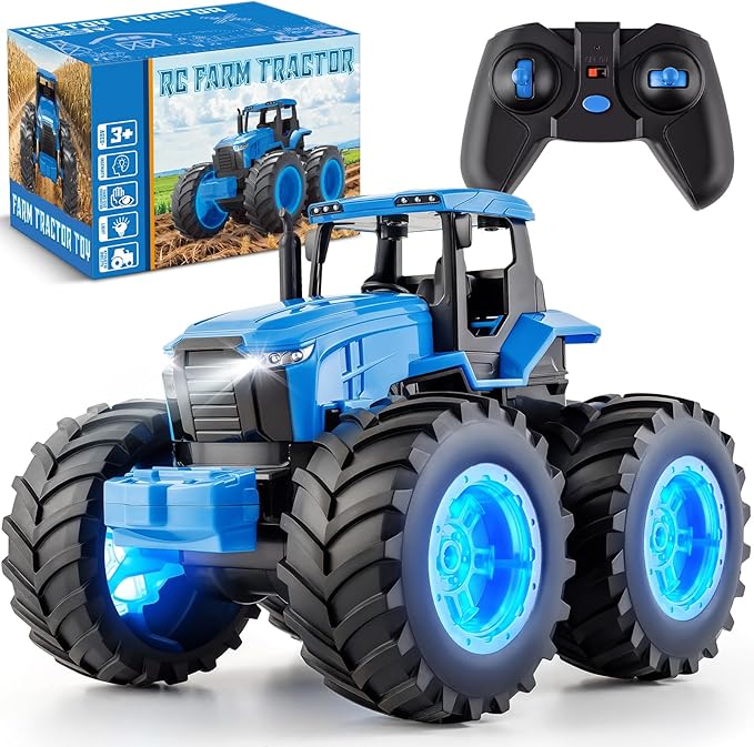Remote Control Monster Tractor Toy for 3, 4, 5, 6, 7 years old, Blue Light Up Monster Trucks Toy with LED Lights Toddlers RC Farm Vehicle Toys for Boys ＆ Girls Ideal Christmas, Birthday Gifts for Kids