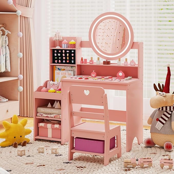 Costzon Kids Vanity, Girls Vanity Set with Mirror and Lights, Jewelry Storage, Shelves, Princess Toddler Makeup Vanity Desk Dressing Table, Wooden Kids Vanity Table and Chair Set (Pink)