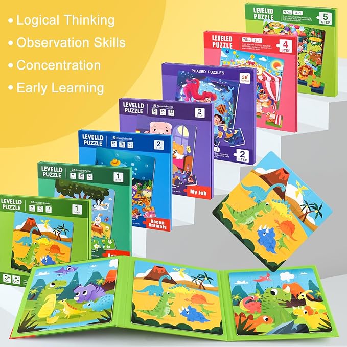 ASTARON Magnetic Puzzles for Toddlers, 9-12-16 Pieces Fruits Learning Magnet Puzzles for Road Trip, Educational Travel Toys Car Plane Activities for Kids, Kids Birthday Gifts