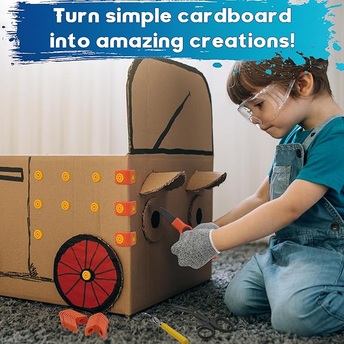 FEMBW Cardboard Construction Kit – 150 PCS DIY STEM Craft Set with Kid-Safe Cardboard Cutter,Safe Serrated Cutter & Tools for Creative Projects, School, Home, Team Activities, Ages 5+