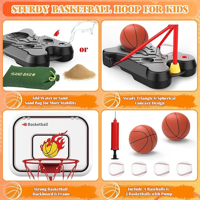 4 in 1 Kids Basketball Hoop and T Ball Set for Toddlers 3-5, Adjustable Height Toddler Basketball Hoop with Baseball, Indoor Outdoor Sport Gifts Christmas Toys for Boys Girls 3-8