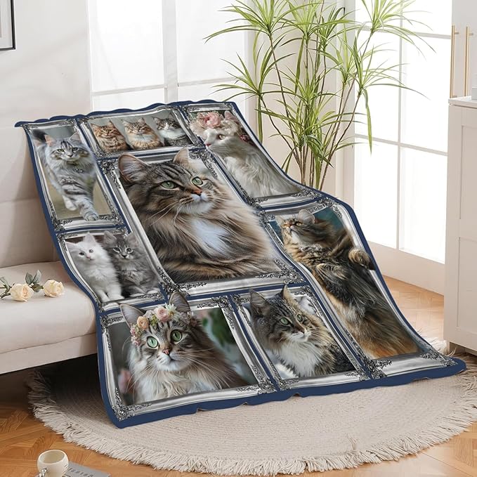 Maine Coon Cat Blanket Cute Kitten Throw Blankets Gifts for Girls Boys Kids Cat Lover Soft Cozy Fleece Plush for Couch Sofa Bed 60"x50"