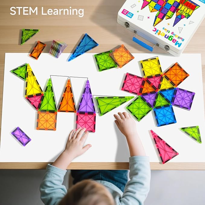 100Pcs Premium Magnetic Tiles Toys Set with Sturdy Iron Case, STEM Educational Building Blocks for Kids Ages 3-5 4-8, Montessori Sensory Toys, Creative Birthday Gifts for Toddler Boys & Girls