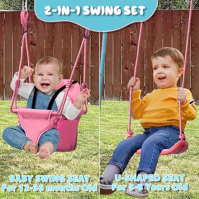 2-in-1 Toddler Swing Set with Metal Stand, Safety Belt & 4 Anchors - A-Frame Swing for Kids 6 Months+ (Pink, Indoor/Outdoor Backyard Playground)