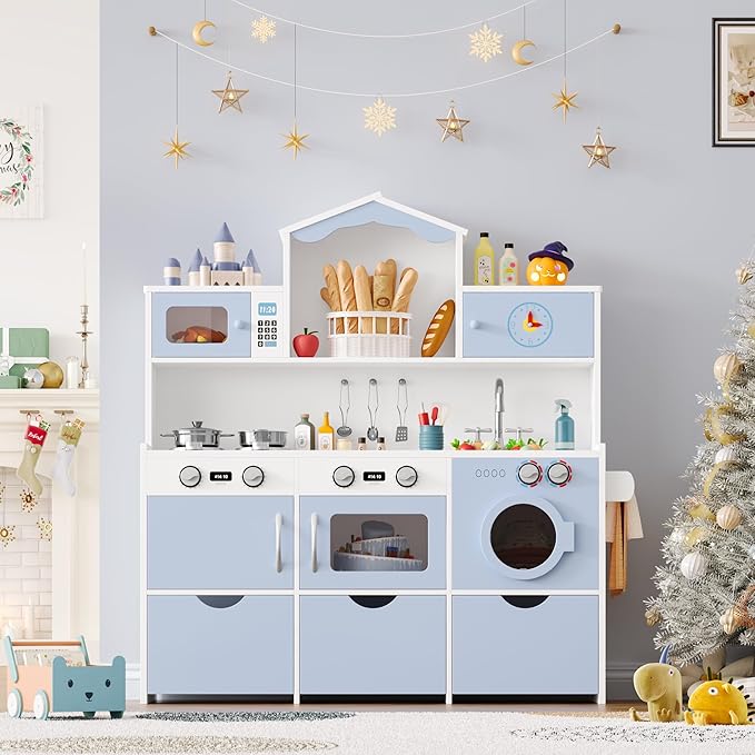 Keyluv Wooden Play Kitchen for Kids and Toddler, Montessori Toy Kitchen Playset with Plenty of Pretend Play Features and Storage Drawers, Gift for Boys and Girls, Blue