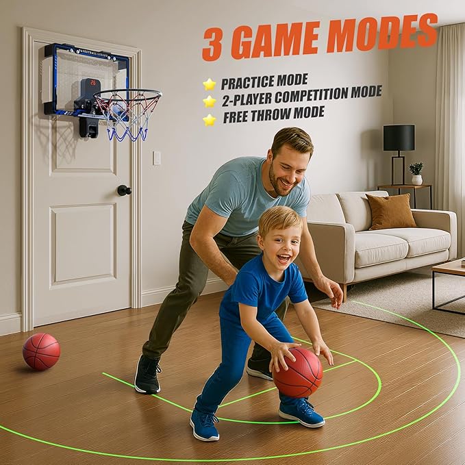 HopeRock Indoor Basketball Hoop with Projected Court, Basketball Hoops for Kids Over The Door with Scoreboard & 3 Balls, Mini Hoops Basketball Toys Gifts for 5 6 7 8 9 10 11 12 Year Old Boys Girls