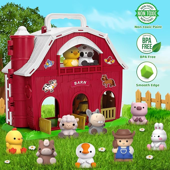 KMUYSL Toys for 1+ Years Old Boys Girls, Big Red Barn Farm Animal Playset for 1-3 Years Old, Learning Montessori Toys, Christmas Easter Birthday Gift for Baby Kids Toddlers Age 12+Months