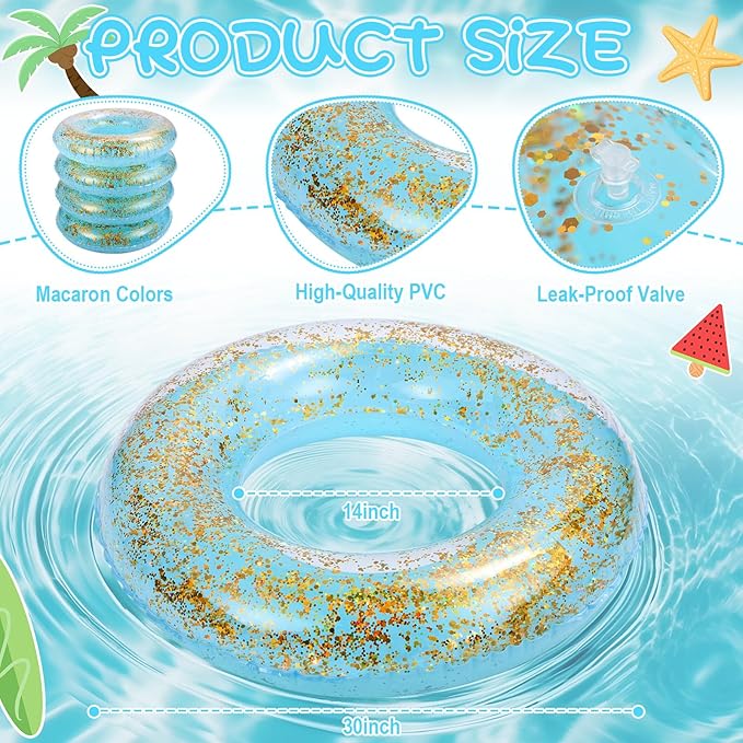 ShinyRelief 4 Pcs Inflatable Glitter Pool Float 30'' Macaron Swim Tube with Gold Confetti Swim Inner Tube for Adults Pool Floats Rings for Summer Beach Swimming Pool Bachelorette Party