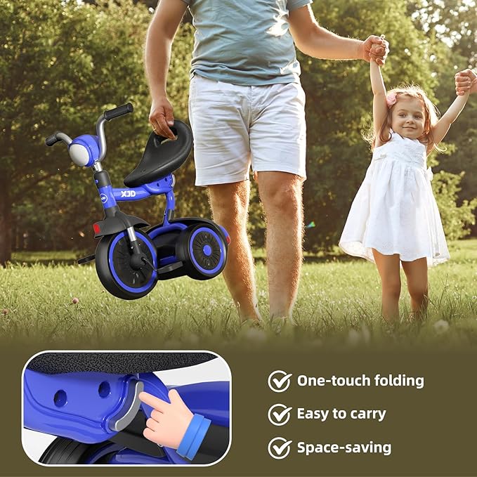 XJD Toddler Tricycle, Foldable Toddler Bike with Pedals, Tricycle for 2-5 Year Olds, Adjustable Comfortable Seat, Birthday Gifts for 1-5 Years Old Boys and Girls (Blue)