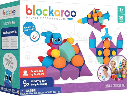 Blockaroo Magnetic Foam Building Blocks - 50-Piece Set, Bath Toys for Toddlers, Preschool Toys, Bathtub Toys, Sensory Toys, Blocks for Toddlers 3-5, Engineering Toys for Kids 3-5, Bath Blocks