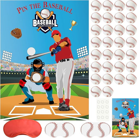 PLULON Pin The Baseball Party Game for Kids Pin the Baseball on the Glove and Bat Large Baseball Poster with Baseball Stickers for Boys Girls Birthday Party Wall Decorations Classroom Activities