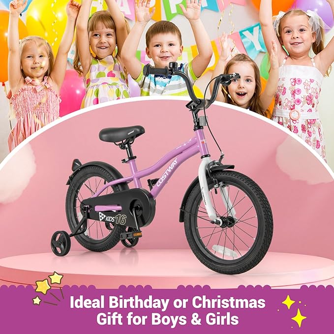 COSTWAY 12/14/16/18 Inch Kids Bike, Children Toddler Bicycle with Training Wheels, Adjustable Seat & Handlebar, Handbrake & Coaster Brake, Reflectors, Bell, Suitable for 3-8 Years Old Boys Girls