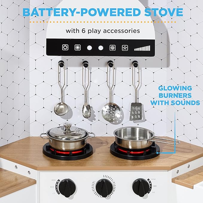 Best Choice Products Pretend Play Corner Kitchen, Ultimate Interactive Wooden Kids Playset w/Lights & Sounds, Ice Maker, Hood - Farmhouse White