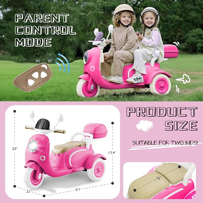 HEIMILI Kids Electric Motorcycle,Electric Scooter for 3 Year Old, Girls Toy, 3-Wheel 12V Ride On Scooter for Kids with Storage Compartments, Motorcycle for Girls (Rose)