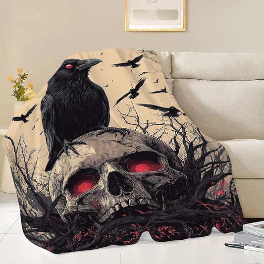 Skull Blanket Skeleton Throw Blanket Crow Gifts for Men Women Boys Girls Kids Adults Super Soft Cozy Plush Fluffy Fuzzy Fleece Blanket Decor 50''X60''