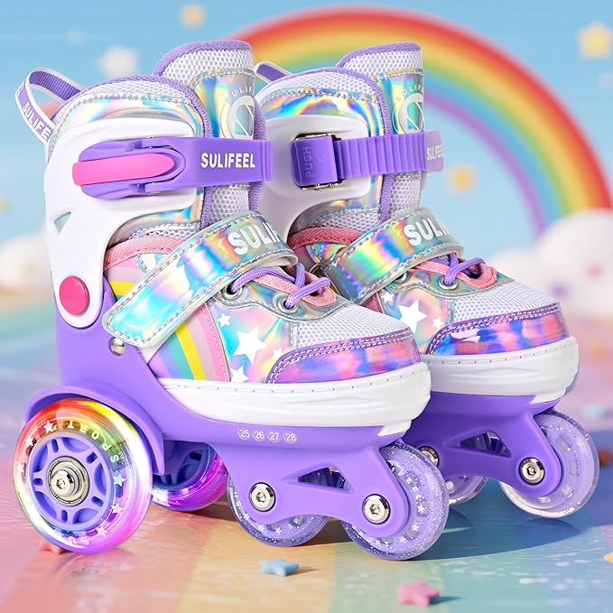 SULIFEEL Rainbow Unicorn 4 Size Adjustable Light up Roller Skates for Girls Boys for Kids