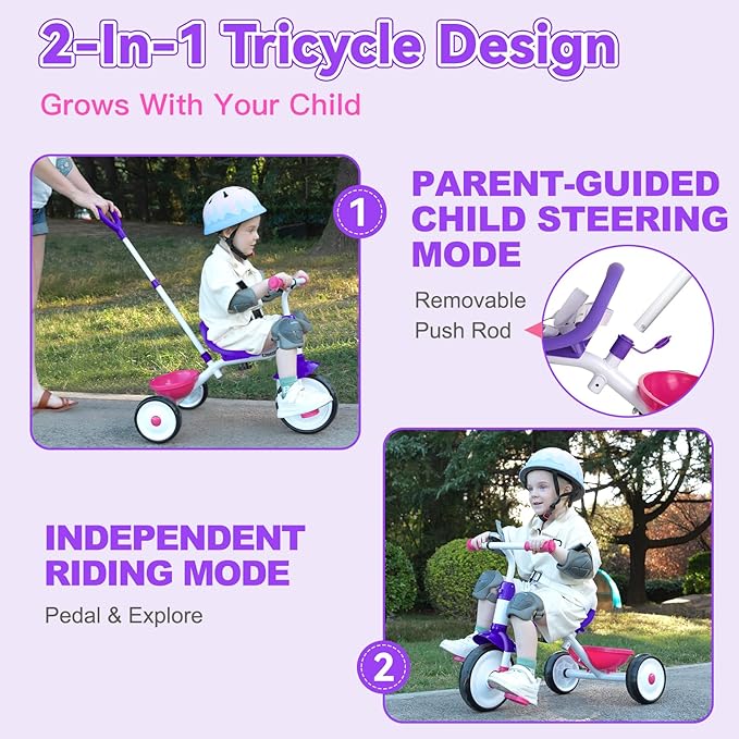 Liberry 2 in 1 Toddler Tricycle Age 2 3 4 Years Old, Kids Trike with Adjustable Push Rod, Bell & Basket, 3 Wheel Bike Riding Toy Birthday Gift for Girls Boys, Rose Purple