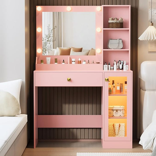 Makeup Vanity with Mirror and Lights & Power Outlet, 34'' Small Vanity Desk with Drawers and Storage Cabinet & Makeup Tray, Dressing Table for Girls Bedroom Dressing Room, Pink