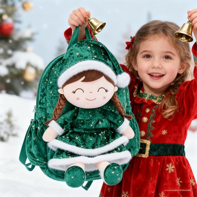 Gloveleya Plush Backpacks Toddler Backpack Removable Doll and Backpack Baby Girl Gifts for 2 to 8 Years Girl Birthday Gifts with Green Doll