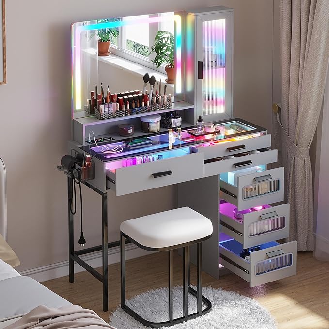 HENBC Vanity with Mirror and LED Lights, Glass Top Vanity Desk with Charging Station(Wireless+USB+Type-C), RGB Makeup Table Set with Stool/Makeup Organizer/6 Drawers for Bedroom,Grey