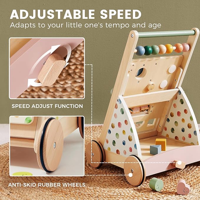 Tiny Land Wooden Baby Walker, Adjustable Speed Baby Push Walker for Boys and Girls, Montessori Activity Center Push Toy for Kids' Development, Ideal Christmas Gift for Toddlers (Morandi)