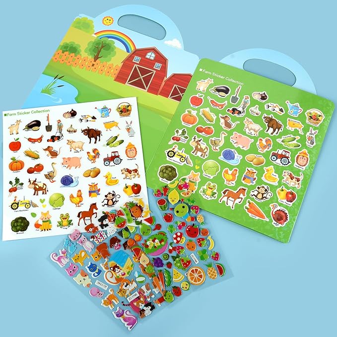 ASTARON Reusable Sticker Book for Toddlers, 88 Pcs Farm Harvest Stickers Road Trip Activities Car Airplane Activities Travel Toys for Kids, Kids Quiet Time Activities (2-6 Age)