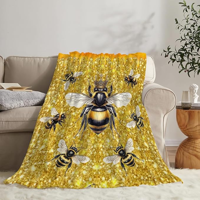 Bee Blanket Fleece Soft Warm Plush Bee Queen Throw Blankets Lightweight Plush Fuzzy Cozy Golden Honeycomb Blanket Gifts for Kids Adults Suitable for Couch Sofa 50"X40"