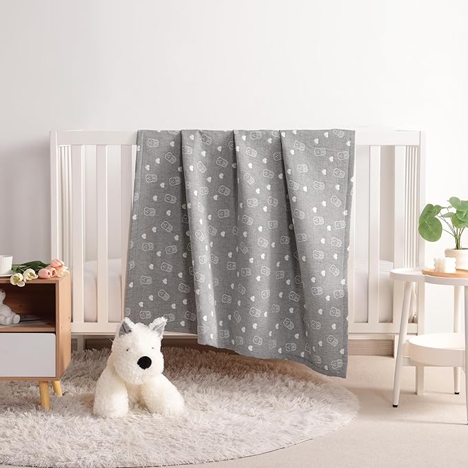 NTBAY 3 Layer Oversized Muslin Cotton Toddler Blanket, Jacquard Reversible Nursery Bed Blanket, Super Soft and Thermal for All Seasons, Baby Gift, 45"x60", Dark Grey Rabbit