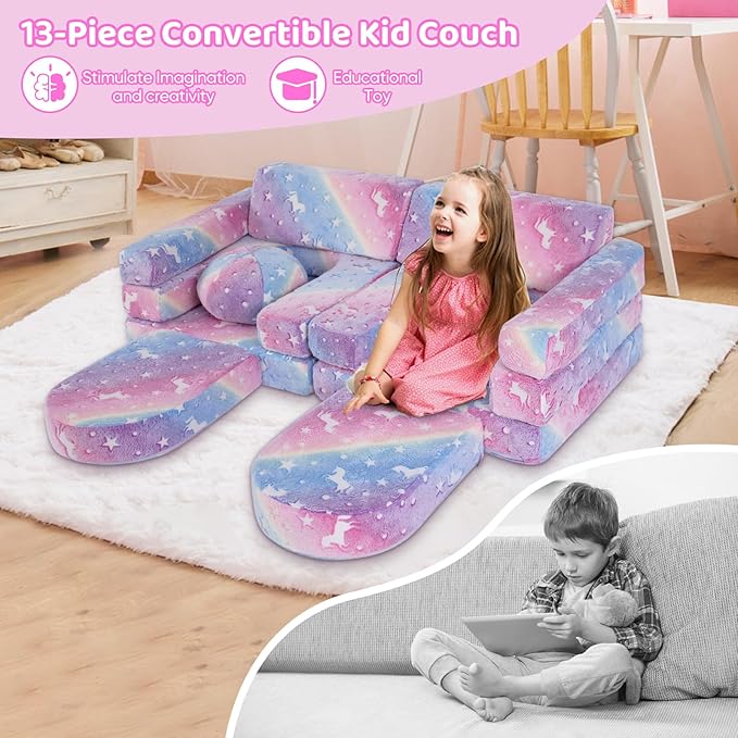 13 PCS Kids Play Couch, Modular Glowing Kids Toddler Couches, Kid Play Couch Sofa for Playroom and Bedroom (Rainbow)