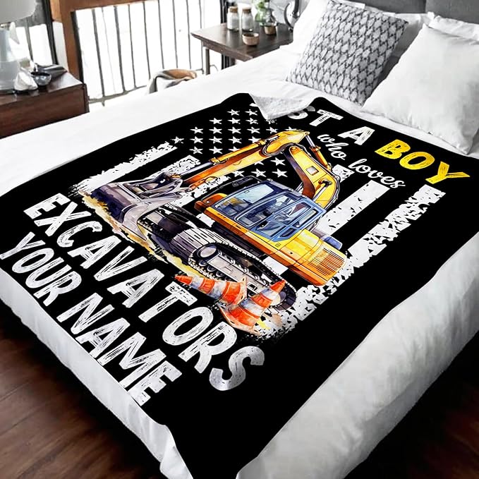 Personalized Excavator Blanket Gifts for Boys Men, Cute Car Throw Blanket for Kids Adults Construction Truck Lovers, Custom 60x80 Inches Black Soft Blankets for Sofa Couch Bed