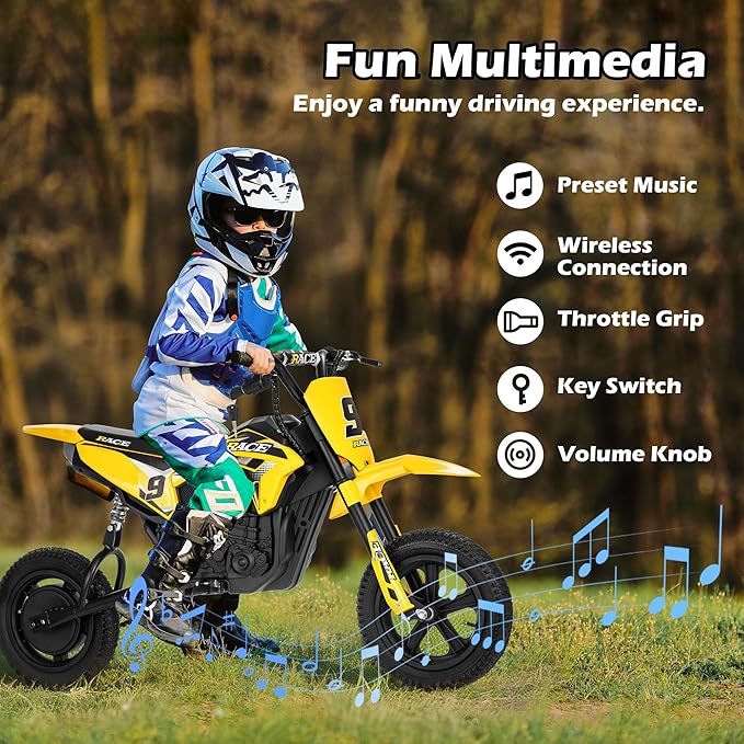 24V Electric Dirt Bike for Kids 6-12- Max 11 MPH & 10 Miles Long-Range, 250W Electric Motorcycle with Twist-Grip Throttle, 12" Knobby Tires, Spring Suspension, Music (Yellow)