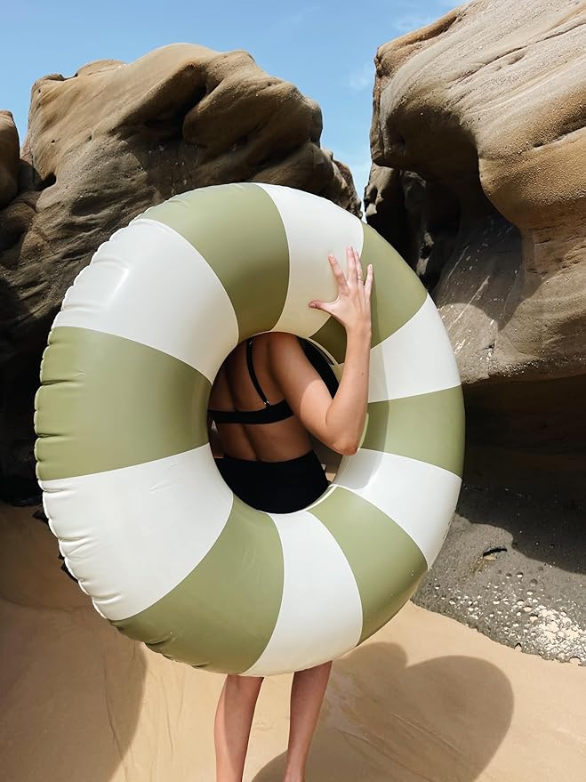 Petites-Pommes Inflatable Float for Adults - Durable Inner Tube, Handprinted Classic Striped Design Ring Float, Soft Comfort Seaming, Packable Floats for Travel, Military Green, 47 inch