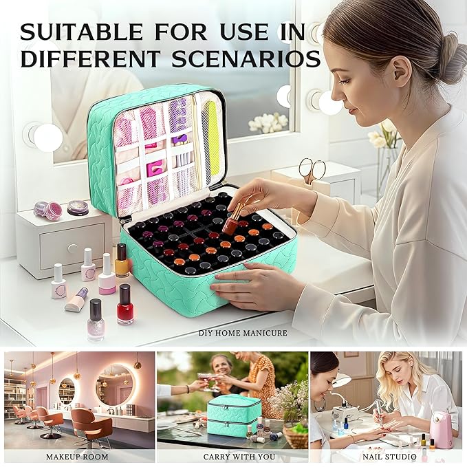 DreamGenius Nail Polish Organizer Case Holds 42 Bottles, Portable Double-Layer Nail Polish Storage Bag with Adjustable Dividers for Manicure Tools, Green