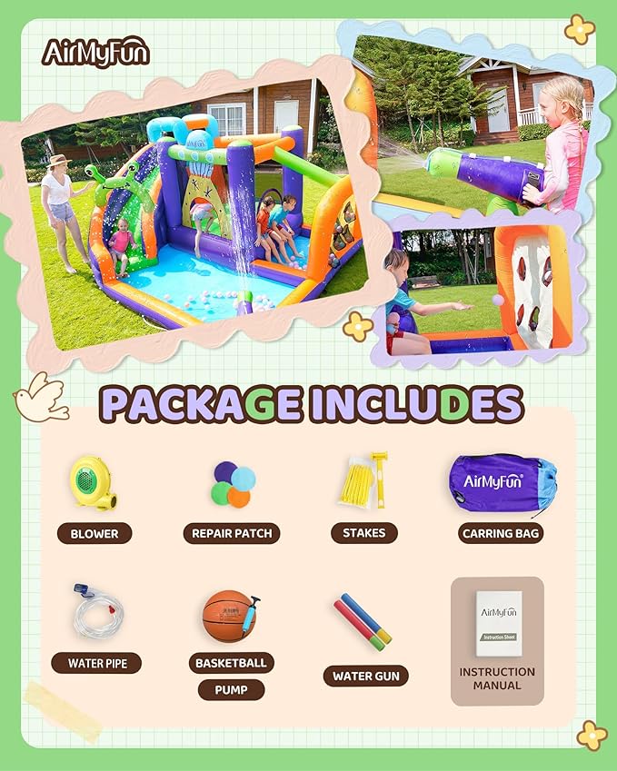 AirMyFun Water Bounce House Inflatable Water Slide Park for Kids Aged 3-10 with Long Slide, Water Gun and Ball Pool Play House for Outdoor Backyard