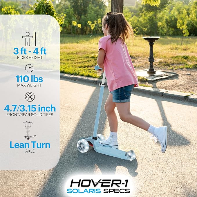 Hover-1 Solaris Kick Scooter with Multicolor Wheel Lights, 4.5” Front Wheels, Rear Foot Brake, and 110 Pound Weight Capacity