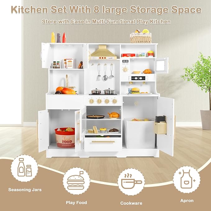 Kids Kitchen Playset, Wooden Play Kitchen with Toy Storage System, Pretend Play Kitchen Set Toy with Range Hood, Ice Maker & Coffee Maker, for Kids Ages 3+, White