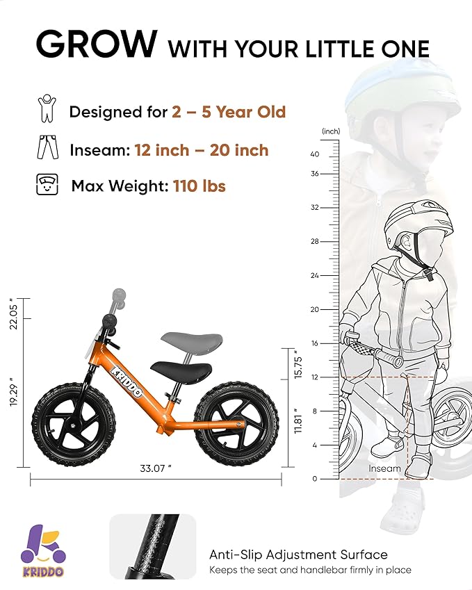 KRIDDO Toddler Balance Bike 2 Year Old, Age 18 Months to 5 Years Old, 12 Inch Push Bicycle with Customize Plate (3 Sets of Stickers Included), Gift Bike for 2-3 Boys Girls, Orange