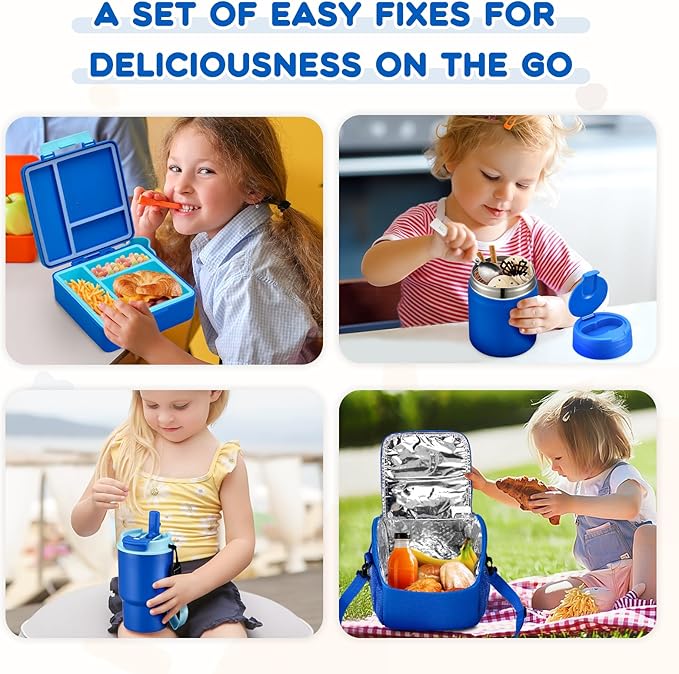 Lunch Box Set with Bento Box Container, 17OZ Stainless Steel Food Soup Thermo, Kids Water Bottle & Portable Insulated Lunch Bag – Leakproof, Hot/Cold Retention for School, Travel(Blue)