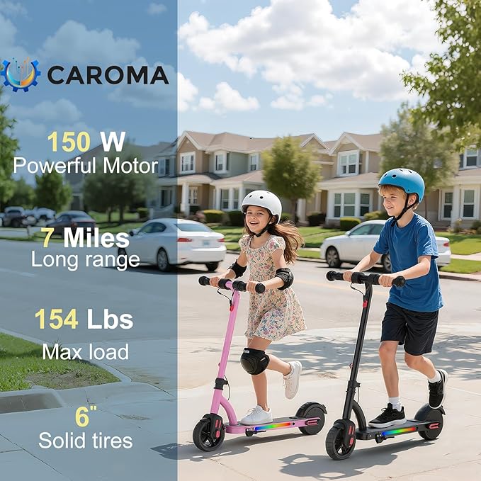Caroma Electric Scooter for Kids Ages 6-14, 150W/180W Motor,10 MPH Max Speed & 7 Miles,Adjustable Height & Speed,Colorful Lights,LED Display,Foldable Kids Electric Scooter 132 Lbs Max Load