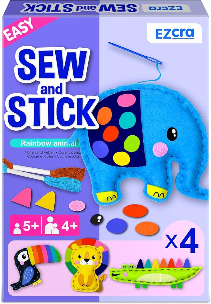 EZCRA Easy Arts and Crafts for Kids - No Mess Sewing Kit for Kids - 4 Easy to Do Cute Animals Sewing Projects - Fun Felt Stickers - Tools with Instruction - Gifts for Boys and Girls Age 4,5,6,7,8