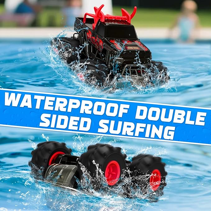 1:16 Waterproof Monster Truck Toys RC Cars, 2.4GHz Remote Control Truck for Kids Boy Ages 8,9,10,11,12 Years Old, 4WD All Terrain Off-Road with LED Lights RC Boat for Boy Girl Birthday Gift - Red