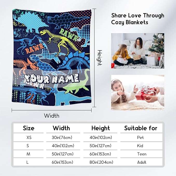 Personalized Dinosaur Blanket for Boys Girls, Dinosaur Gifts for Boys, 60"x80" Animal Blankets for Child Adults, Custom Kids Throw for Couch Sofa Chair, Soft Fuzzy Cozy Girls Gifts