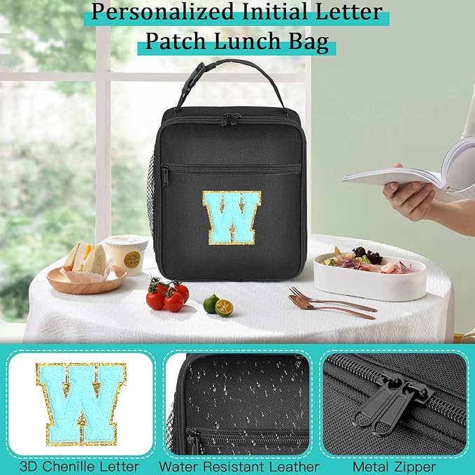 Initial Insulated Lunch Bag, Lunch Box with Initial Letter Patch for Teen Adult, Reusable Lunch Bag for Men Women, Ideal Back to School Gift Birthday Gift, Blue W