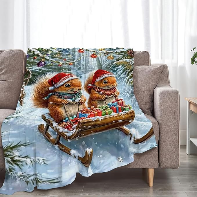 Christmas Squirrel Blanket Cute Animal Throw Blankets Gifts for Girls Boys Kids Squirrel Lover Soft Cozy Fleece Plush for Couch Sofa Bed 80"x60"