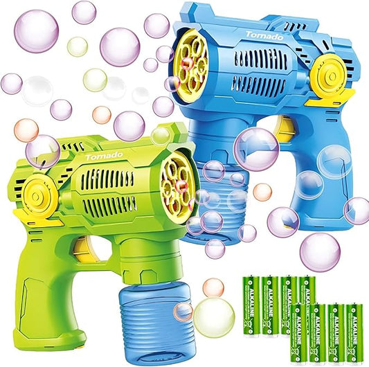2-Pack Bubble Gun Set with Batteries – Automatic Bubble Blower Toys for Kids & Toddlers | 1 Blue + 1 Green Bubble Shooter with Solution Included | Outdoor Fun & Ready to Play