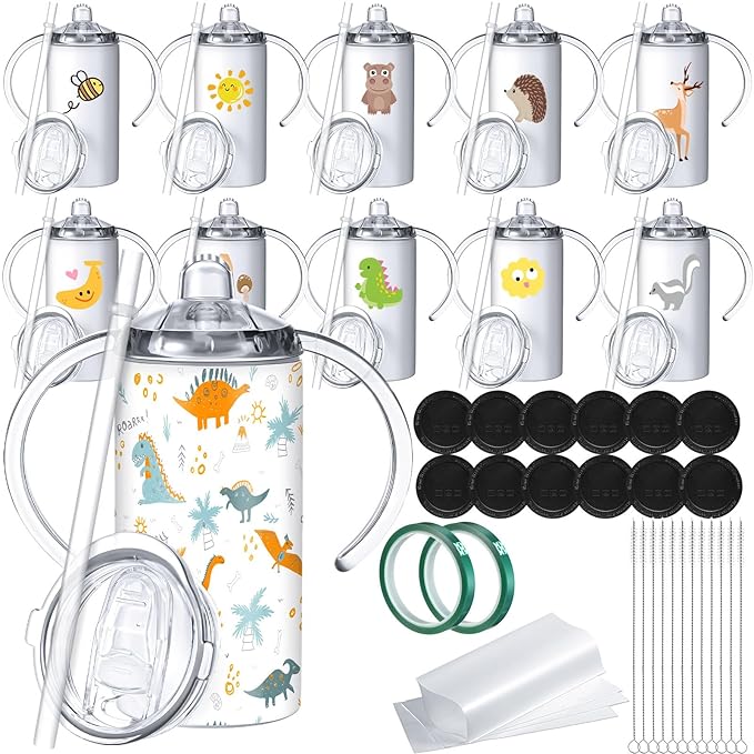 12 Sets 12 oz Sublimation Blanks Sippy Cups for Toddlers Insulated Stainless Steel Kids Sublimation Tumbler Cups with Lids and Straws, 2 Heat Tape, 12 Polymer Thermal Transfer Coating, Coaster, Brush