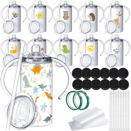 12 Sets 12 oz Sublimation Blanks Sippy Cups for Toddlers Insulated Stainless Steel Kids Sublimation Tumbler Cups with Lids and Straws, 2 Heat Tape, 12 Polymer Thermal Transfer Coating, Coaster, Brush
